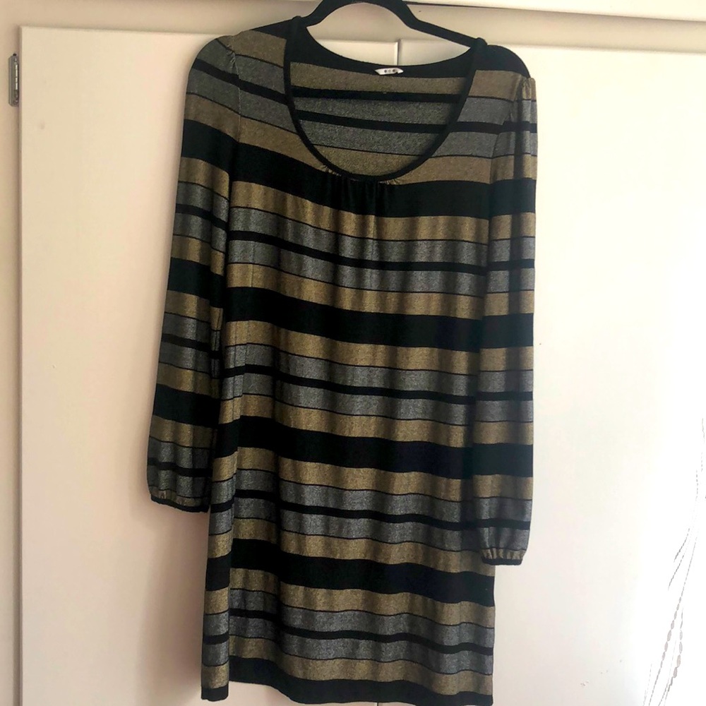 Three dots metallic striped little black dress.